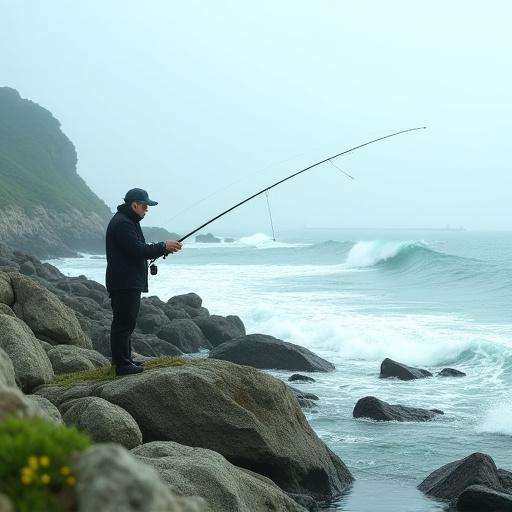 해안가 갯바위에서 루어를 던지는 낚시꾼